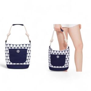 Tory Burch Navy and White Canvas Bucket Shoulder Bag